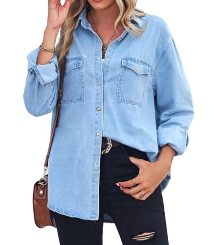 41hspsuGHxL.jpg Women's Spring Long Sleeve Denim Jean Shirts Button Down Shirt Business Casual Tops