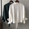 41hvIN-YXAL.jpg Womens Button Down V Neck Shirts 3/4 Sleeve Tie Front Loose Office Business Shirt Blouse Summer Casual Tops