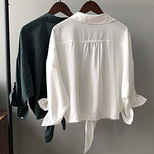 41hvIN-YXAL.jpg Womens Button Down V Neck Shirts 3/4 Sleeve Tie Front Loose Office Business Shirt Blouse Summer Casual Tops