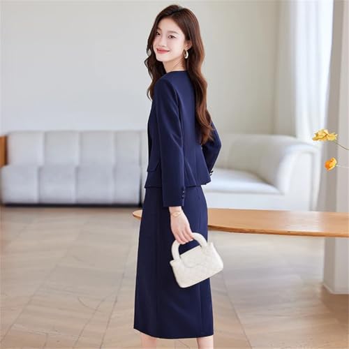 41hwqxew7VL.jpg Women 2 Pieces Set Double Breasted Blazer Elegant A Line Knee Length Slit Stirts Women Work Wear