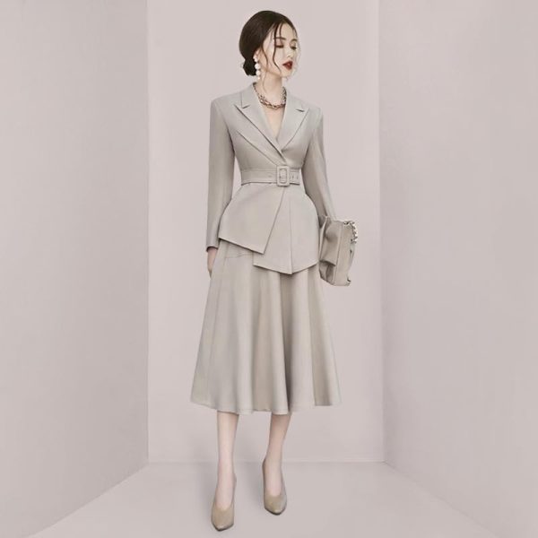 Women's Skirt Suit Spring Autumn Belted Long Sleeve Blazer Loose Casual Skirt 2 Piece Set for Women