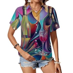Wine Glasses Women's Button Down Shirts Short Sleeve Casual Summer Blouses Tops