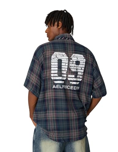 41jCshJKMGL.jpg Mens Button Down Shirts Number Print Plaid Necktie Short Sleeve Shirt Casual Summer Shirts