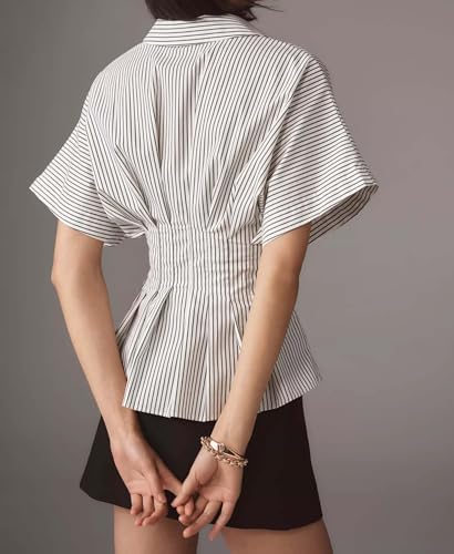 41jFWPbBjbL.jpg Women??s Striped Button Down Shirt Summer Pleated Short Sleeve Tops Collared Peplum Blouse Business Casual Outfits
