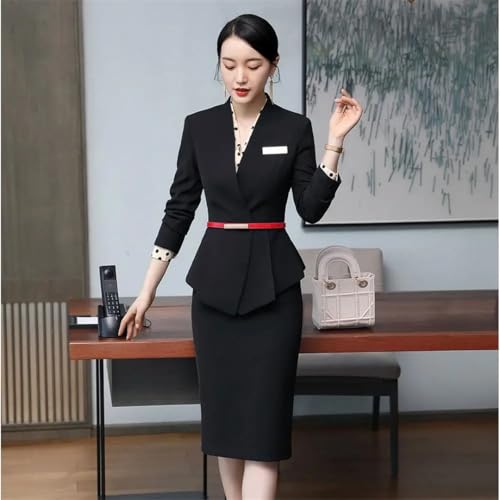 41jnisk8sZL.jpg Women's Solid Color V-Neck Long Sleeve Hidden Buttoned Slim Asymmetric Suit Jacket and Skirt Set