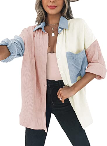 41k0iqEeIYL.jpg Womens Color Block Button Down Shirts Long Sleeve Oversized Boyfriend Blouses Tops