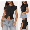41k438qRhBL.jpg Women's Button Down Shirt Cap Sleeve Tops for Women Button Up Ribbed Knit Slim Fit Casual Y2K Crop Going Out Top