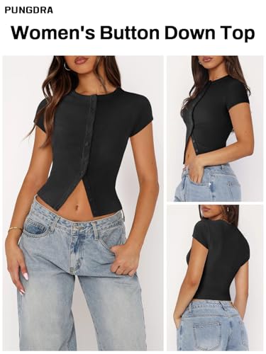 41k438qRhBL.jpg Women's Button Down Shirt Cap Sleeve Tops for Women Button Up Ribbed Knit Slim Fit Casual Y2K Crop Going Out Top