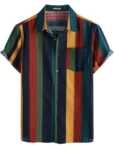 41k5JrEI5UL.jpg Men's Cotton Linen Vintage Pattern Printed Old Style Shirt Casual Short Sleeve Button Down Retro Shirts