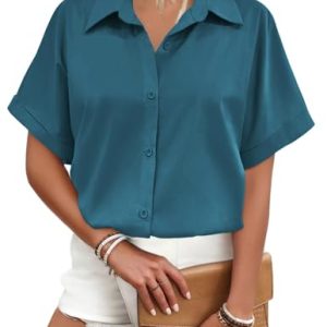 Women's Button Down Shirts Short Sleeve Casual Oversized Shirts Loose Collared V Neck Blouses