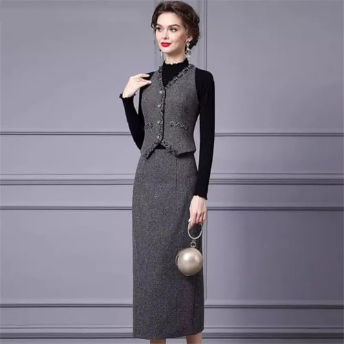 41lAawAiZJL.jpg Women Elegant Office and Business Suit V-Neck Long-Sleeved Single-Breasted Tank Skirt 2 Piece Set