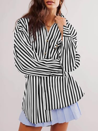 41lHRWh060L.jpg Womens Oversized Striped Button Down Shirts Boyfriend Long Sleeve Collared Work Blouses
