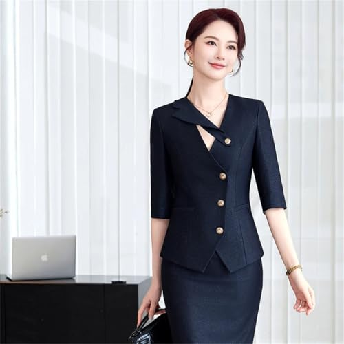 41lNJzPx7fL.jpg Women's Spring and Summer Solid Single-Breasted Half-Sleeved Slim Suit Jacket and Skirt Two-Piece Set