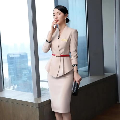 41m6-7liGmL.jpg Women's Solid Color V-Neck Long Sleeve Hidden Buttoned Slim Asymmetric Suit Jacket and Skirt Set