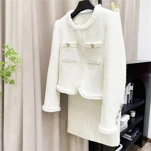 41minWAA2oL.jpg Women White Suit Tweed Jacket + Skirt Spring/Autumn Coat Business Ladies 2 Piece Skirt Sets