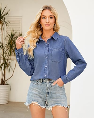 41mpRMIn6zL.jpg Denim Button Down Shirts for Women Long Sleeve Lightweight Western Relaxed Single Pocket Jean Shirt Shacket Top