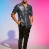 41mqEWaAXvL.jpg Men's 70s Sparkly Disco Top Crocodile Pattern Metallic Rave Button Down Shirt Short Sleeve Party T Shirt