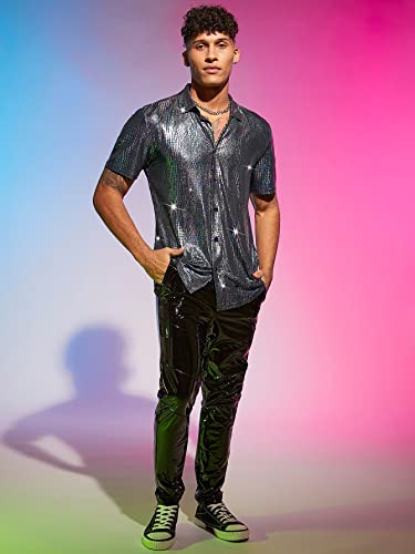 41mqEWaAXvL.jpg Men's 70s Sparkly Disco Top Crocodile Pattern Metallic Rave Button Down Shirt Short Sleeve Party T Shirt