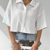 Women's Oversized Button Down Short Sleeve Shirt Textured Collared Crop Top Blouse