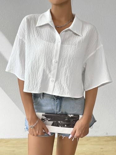 Women's Oversized Button Down Short Sleeve Shirt Textured Collared Crop Top Blouse