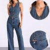 41nHsVUdG9L.jpg 2 Piece Outfits Denim Set for Women's Sleeveless Button V Neck Denim Vest Waistcoat Wide Leg Jeans