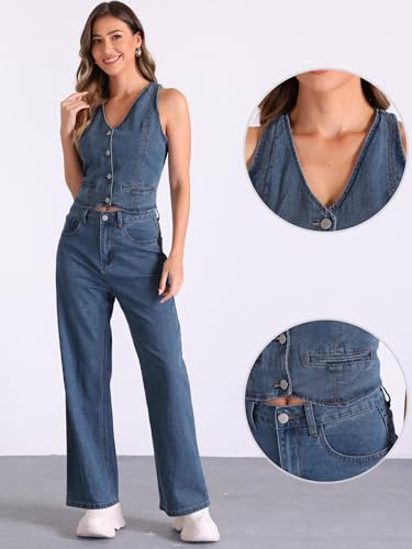 41nHsVUdG9L.jpg 2 Piece Outfits Denim Set for Women's Sleeveless Button V Neck Denim Vest Waistcoat Wide Leg Jeans