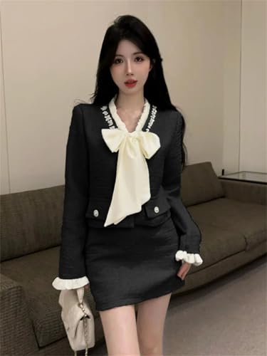 41oRpZc7luL.jpg Women Korean Fashion Chic Skirt Sets 2 Piece Outfit French Elegant Jacket Coat Mini Skirt Suits