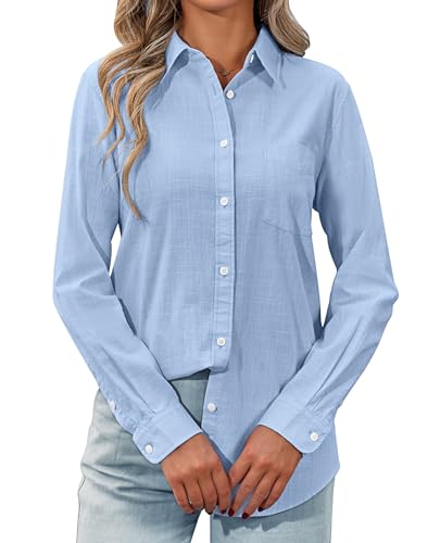 41oZRPdgChL.jpg Womens Button Down Shirt Linen Button Up Shirts for Women Long Sleeve Summer Shirt Collared Blouse Linen Tops