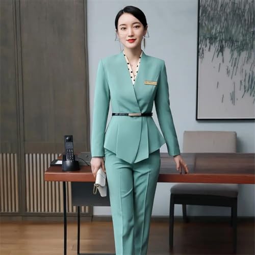 41pDY0yMBfL.jpg Women's Solid Color V-Neck Long Sleeve Hidden Buttoned Slim Asymmetric Suit Jacket and Skirt Set