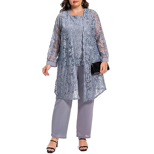 41pU60ShRL.jpg Plus Size Elegant Mother of The Bride Pant Suits Chiffon Pant with Women's Tank Top and Sequin Lace Jacket Evening Gown