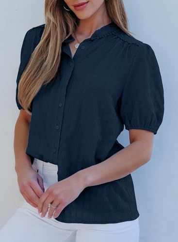 41pp0lSw0aL.jpg Womens Button Down Shirts Cute Short Puff Sleeve V Neck Tops Spring Summer Blouses for Women Dressy Casual