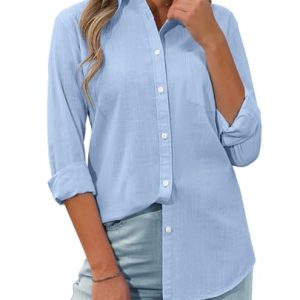 Womens Button Down Shirt Linen Button Up Shirts for Women Long Sleeve Summer Shirt Collared Blouse Linen Tops