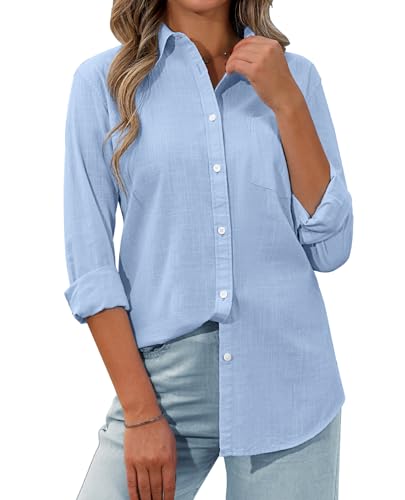 41pyJKNmXdL.jpg Womens Button Down Shirt Linen Button Up Shirts for Women Long Sleeve Summer Shirt Collared Blouse Linen Tops