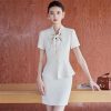 41qUM7J8lkL.jpg Women's Solid Color Short-Sleeved V-Neck Single-Breasted Bow-Decorated Suit Skirt Two-Piece Suit