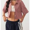 41qYoUSgc8L.jpg Women's Button Down Vintage Plaid Shirts Short Sleeve Crop Blouses Preppy Clothes