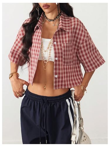 41qYoUSgc8L.jpg Women's Button Down Vintage Plaid Shirts Short Sleeve Crop Blouses Preppy Clothes