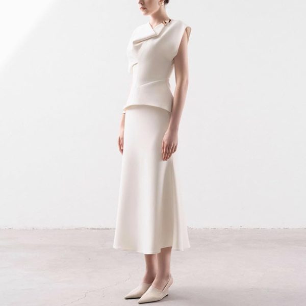 41qdHmQ2sCL.jpg Women's Skirt Suit Summer French White Sleeveless Top Classic Casual Skirt 2 Piece Set for women