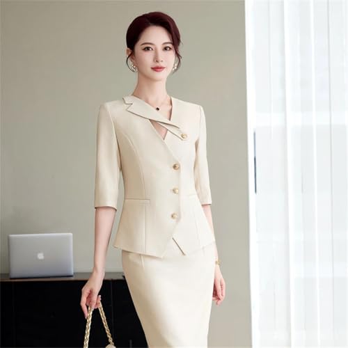 41qh6RgDQSL.jpg Women's Spring and Summer Solid Single-Breasted Half-Sleeved Slim Suit Jacket and Skirt Two-Piece Set