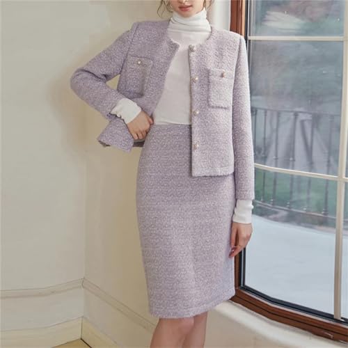 41qjrZB5bJL.jpg Women Purple Tweed Jacket + Skirt Suit Set Fringed Jacket Woolen Coat Autumn/Winter 2-Piece Set