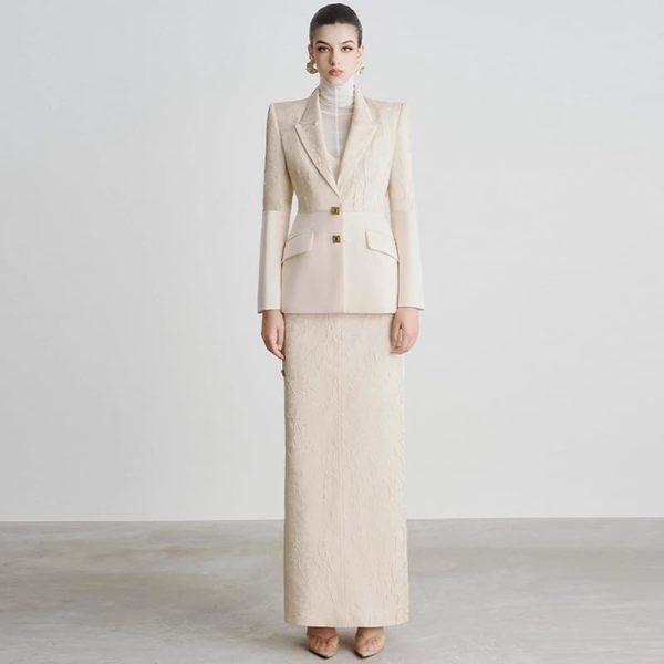 41rb8l4CNiL.jpg Women's Skirt Suit Spring Autumn Patchwork Blazer Loose Slit Maxi Skirt 2 Piece Set