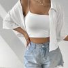 Women's Oversized Button Down Short Sleeve Shirt Textured Collared Crop Top Blouse
