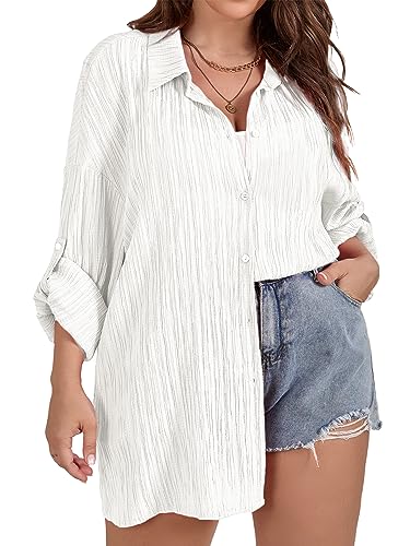 41rqWe02mBL.jpg Women Plus Size Button Down Shirts Long Roll Up Sleeve V Neck Collared Casual Blouses Oversized Shirt Tops