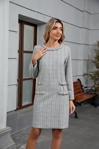 41rrtExngrL.jpg Women's Long Sleeve Tweed Mini Dress Business Work Short Dress Elegant Cute Party Dresses