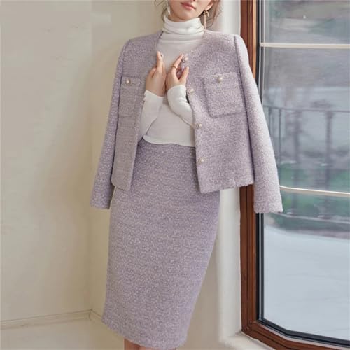41rwyJ8SsdL.jpg Women Purple Tweed Jacket + Skirt Suit Set Fringed Jacket Woolen Coat Autumn/Winter 2-Piece Set