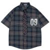 41sIsjsrOPL.jpg Mens Button Down Shirts Number Print Plaid Necktie Short Sleeve Shirt Casual Summer Shirts