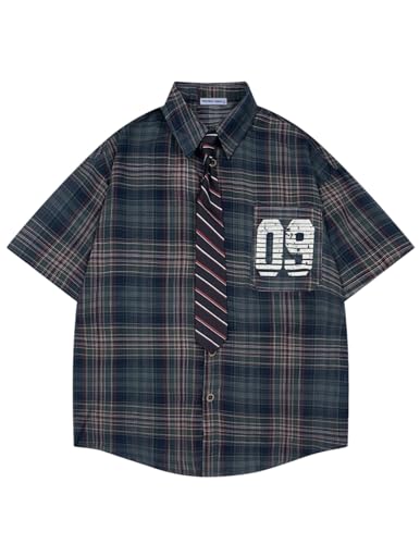 41sIsjsrOPL.jpg Mens Button Down Shirts Number Print Plaid Necktie Short Sleeve Shirt Casual Summer Shirts