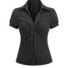 41shLZuCFaL.jpg Women's Striped Button Down Shirt Ruched Short Sleeve Fitted Work Blouses