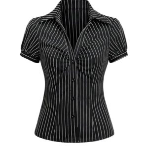 41shLZuCFaL.jpg Women's Striped Button Down Shirt Ruched Short Sleeve Fitted Work Blouses