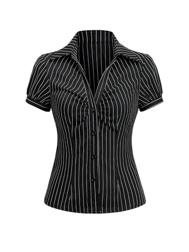 41shLZuCFaL.jpg Women's Striped Button Down Shirt Ruched Short Sleeve Fitted Work Blouses