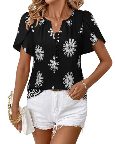 41tJw92HaHL.jpg Womens Summer Tops Boho Short Sleeve Business Casual Blouses Button Down Floral Shirts Fashion Beach Vacation Clothes